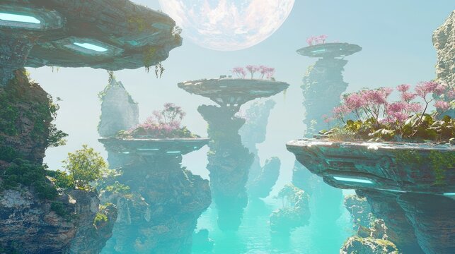 Futuristic Space Mining Illustration of Serene Alien Landscape with Floating Islands and Advanced Technology in Ultra-Detailed 3D Render