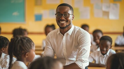 A cheerful school staff member interacting with students in a classroom, promoting a positive learning environment