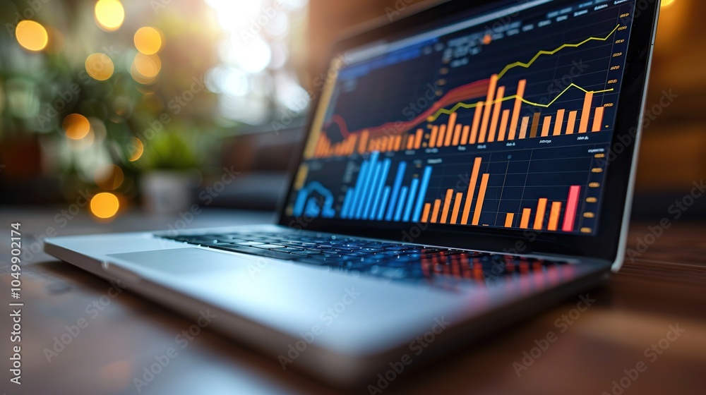 Poster a laptop computer with a financial graph displayed on the screen.