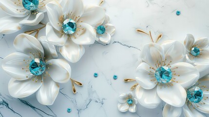 White flowers with blue gems on marble background.