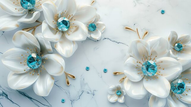 Fototapeta White flowers with blue gems on marble background.