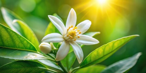 Fototapeta premium A delicate white blossom with a bright yellow center basks in the warm glow of sunlight, emerging from a bed of lush green leaves.