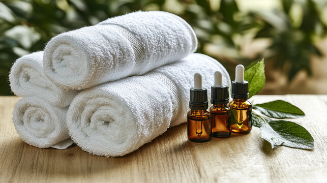 Spa essentials including fluffy towels and essential oils set on a wooden surface in a calming leisure environment
