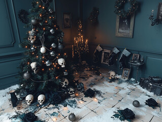 Gothic New Year room decorated in dark shades and vintage decay