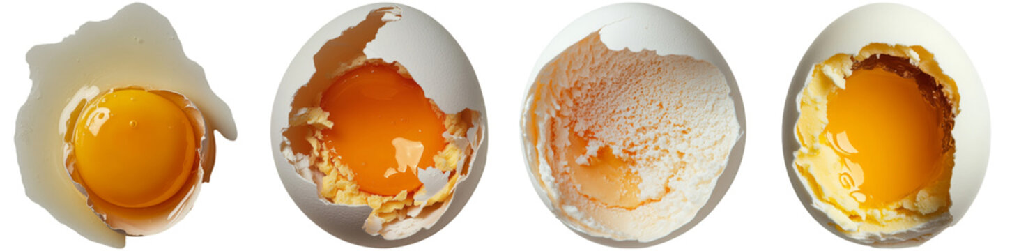 This illustration highlights four stages of an egg, starting with a raw egg cracked open, followed by the yolk and egg white separated, and ending with a broken shell isolated PNG isolated PNG