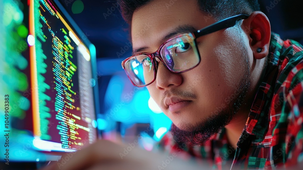Leinwandbilder Focused Filipino Programmer Coding on Computer Screen