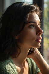 Obraz premium Woman with Light Green Top in Thoughtful Profile Pose