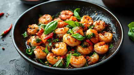 Spicy Shrimp Stir-fry with Basil, prawns, stir fry, chili, garlic, ginger