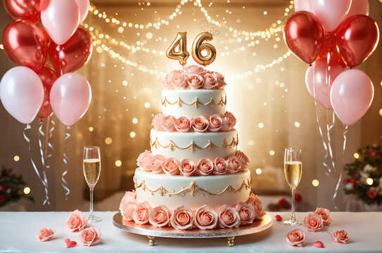 46th wedding anniversary celebration. Wedding cake, champagne and bouquet of rose flower. Romantic background.
