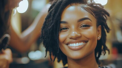 A close-up of a woman smiling while getting her hair done in a salon, showcasing satisfaction and confidence