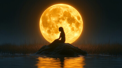 silhouette of a person with a moon, romantic full moon night, calm and beautiful night