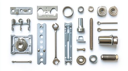 Obraz premium Furniture hardware and tools for assembly, isolated on a white background. 