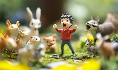 A boy figurine surrounded by woodland animals.
