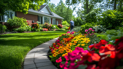 Colorful Flower Bed and Brick Path in a Lush Green Lawn, garden, flowers, vibrant, red flowers, yellow flowers