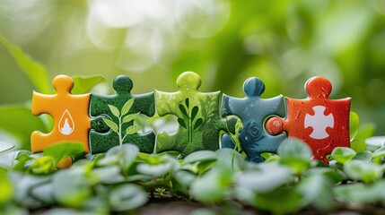 Five colorful puzzle pieces with nature-themed symbols fit together on a bed of green leaves, symbolizing unity and sustainability.