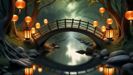 Magical forest with a wooden bridge and warm orange lamps.