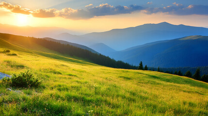 Fototapeta premium Sunset Over Mountain Meadow, mountains, field, grass, green, blue