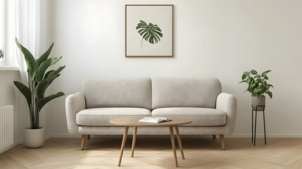 Minimalist Living Room with Sofa and Coffee Table, couch, plant, green plant, monstera leaf, white wall