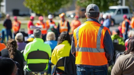 A community event focused on workplace safety and remembrance for Workers Memorial Day, with speakers and activities