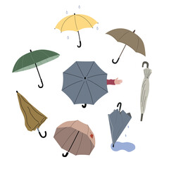 Hand drawn set of flat umbrellas