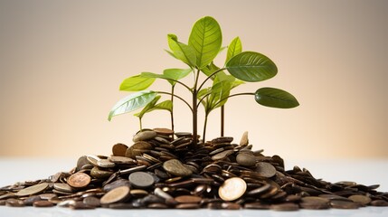 Obraz premium A small green plant grows out of a pile of coins against a blurred background.
