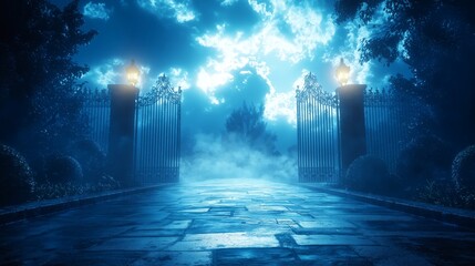 Mysterious Path through Ethereal Gates at Night