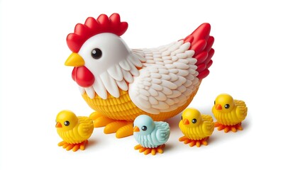 Toy Mother Hen with Chicks on White Background