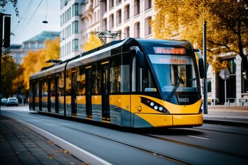 Fototapeta premium Low angle view of a modern electric tram emphasizing the eco friendly public transport solution