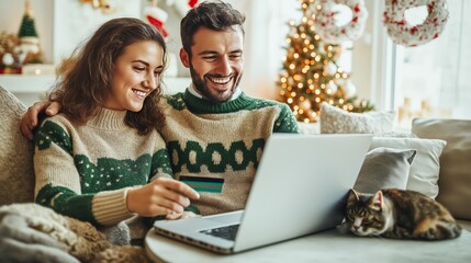 A smiling couple wearing matching green Christmas sweaters shopping online with a credit card, sitting on a cozy couch next to their cat, with a festive Christmas tree, decorations in the background