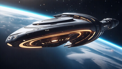 Obraz premium Sleek spaceship flying in outer space over Earth-like planet.