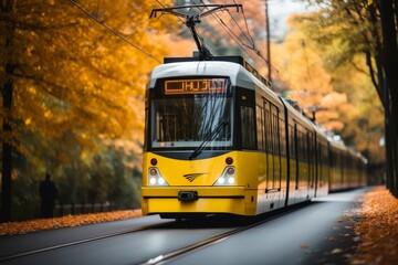 Low angle view of a modern electric tram highlighting the eco friendly benefits of public transport