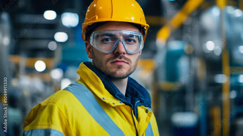 Wall mural worker in safety gear stands in a manufacturing facility, focused on quality control during the afte