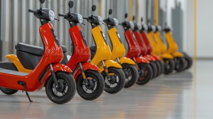 Fototapeta premium row of vibrant electric scooters in red and yellow are lined up indoors, ready for eco friendly urban commuting. sleek design and bright colors create modern and energetic atmosphere