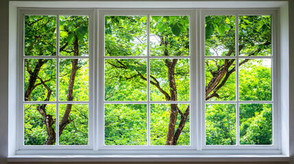 View from the Window of Green Tree Branches, white, frame, panes, glass, leaves