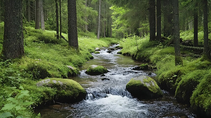 Obraz premium Tranquil Forest Stream, creek, river, water, trees, green