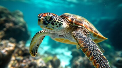 Obraz premium A green sea turtle under the ocean waters