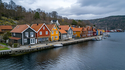 Fototapeta premium Colorful Houses on the Waterfront, harbor, boats, dock, pier, sea