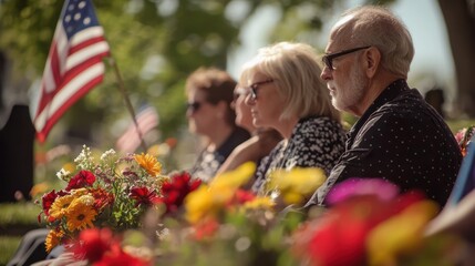Obraz premium A group of people participating in a Memorial Day ceremony at a cemetery, honoring fallen soldiers with flowers and flags