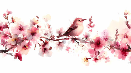 Fototapeta premium Watercolor Bird Perched on Spring Blossom Branch, painting, cherry blossom, flower, pink, nature