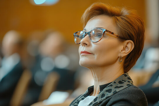 Thoughtful middle aged woman listening attentively during an event in large auditorium filled with people