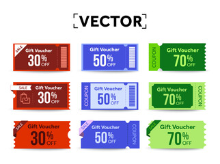 Pack of coupons with different color, shopping icon, barcode and shape, coupon code. Coupon set isolated on white background. Voucher template for special promotion. Vector illustration. Vector