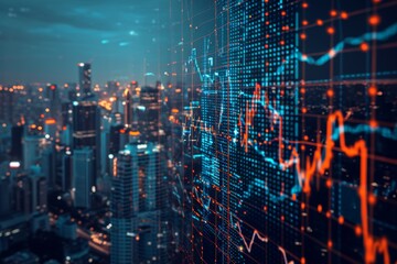 Detailed analysis of big data trends on a city skyline at dusk, showcasing financial strategies and market insights