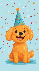 Fototapeta premium Happy golden retriever wearing a party hat and surrounded by colorful confetti indoors