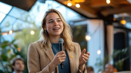 Confident Woman Sharing Her Story in a Bright Space