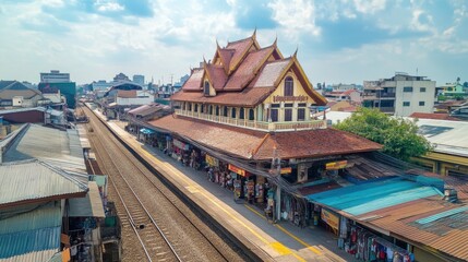 Fototapeta premium The Lopburi Train Station with its unique architecture, surrounded by local shops and