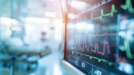 A detailed close-up of a heart rate monitor displaying fluctuating readings, set against a soft, blurred hospital background