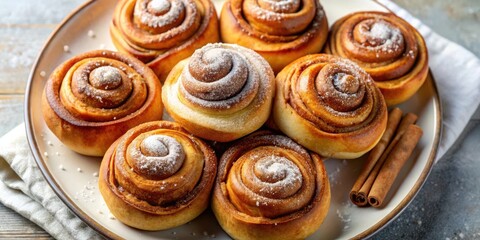 Fototapeta premium A plate of freshly baked cinnamon rolls dusted with powdered sugar and accompanied by cinnamon sticks.