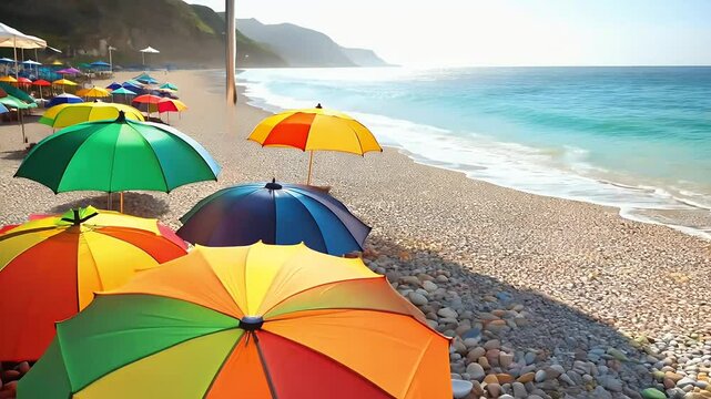 captivating vertical 4K video captures vibrant hues multicolored umbrellas bright orange green stripes adorning pebble beach Batumi evoking essence Georgian summer vacation sea tropical seascape