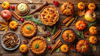 Autumnal Tabletop Still Life Featuring Pies, Pumpkins, Cinnamon Sticks, and Fall Foliage