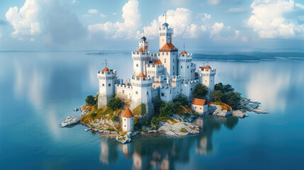 Obraz premium Medieval castle. On the island, in the sea. Aerial high view.